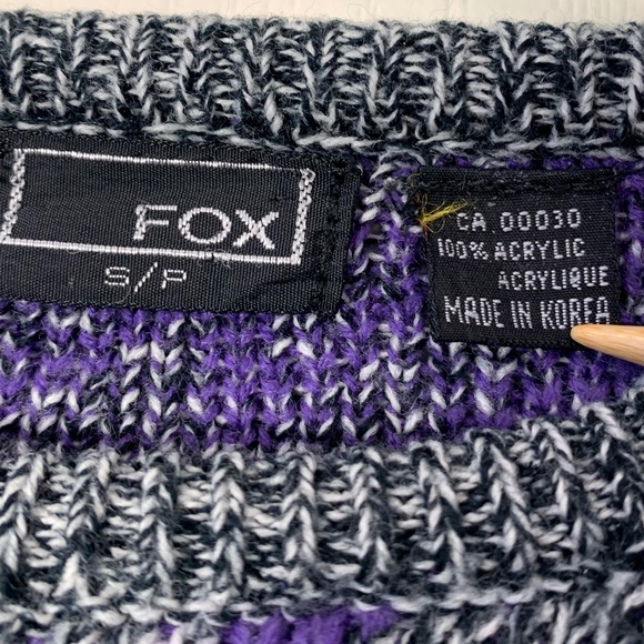 Fox Vintage-Style Graphic Knit Sweater (S) Purple/Grey/Black Bold Retro 80s 90s - Picture 4 of 4